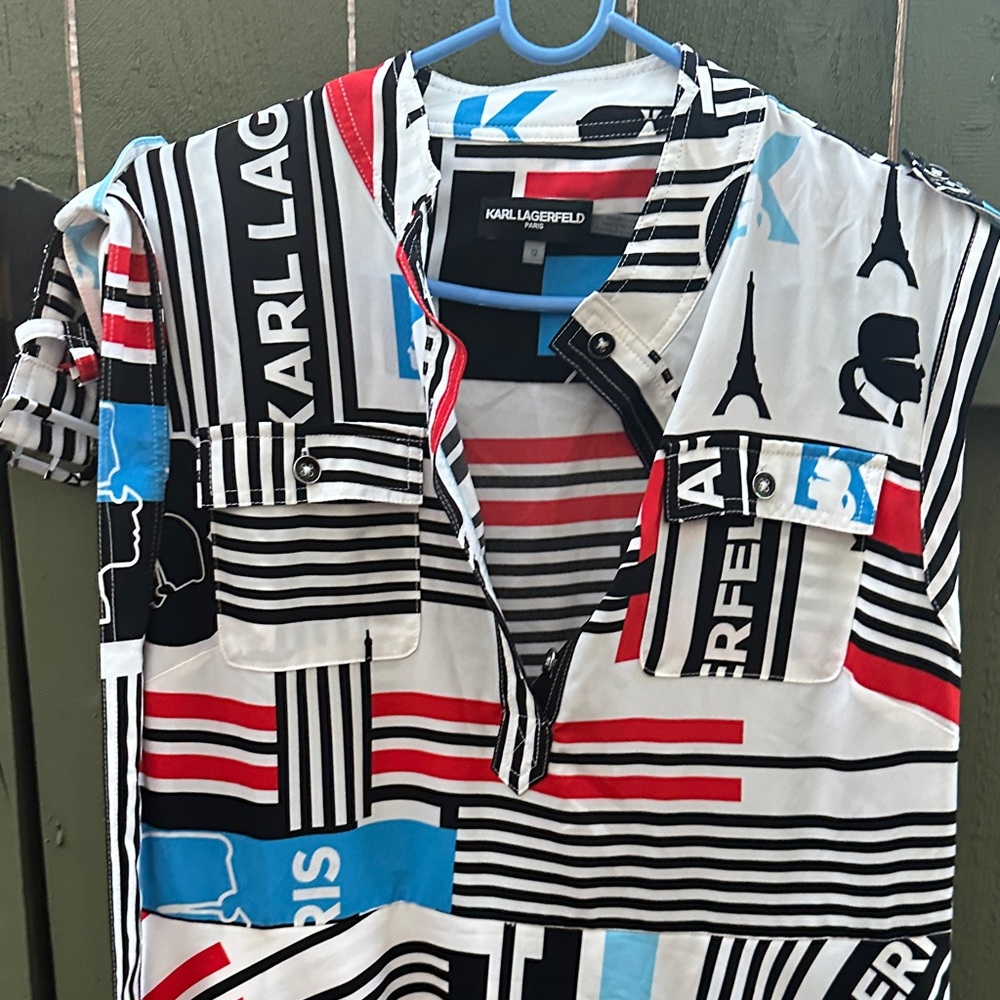 Karl Lagerfeld Black White Red Blue Graphic Panel Dress - Picture 7 of 11